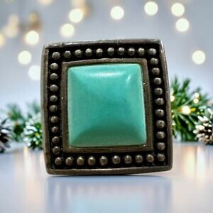 Vintage NF 925 Sterling Turquoise Statement Ring - Heavy Band - Size 7